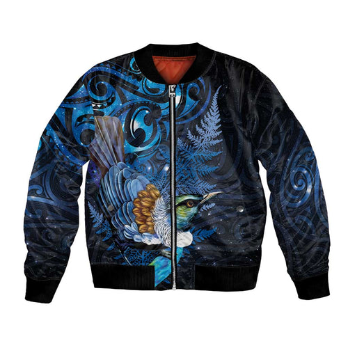 Aotearoa Matariki Bomber Jacket Maori Tribal with Silver Fern and Tui Bird Galaxy Style - Aussie Hoodie