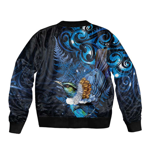 Aotearoa Matariki Bomber Jacket Maori Tribal with Silver Fern and Tui Bird Galaxy Style - Aussie Hoodie