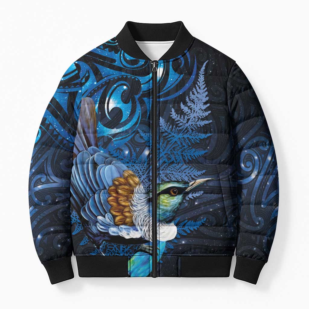 Aotearoa Matariki Bomber Puffer Jacket Maori Tribal with Silver Fern and Tui Bird Galaxy Style - Aussie Hoodie