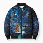 Aotearoa Matariki Bomber Puffer Jacket Maori Tribal with Silver Fern and Tui Bird Galaxy Style - Aussie Hoodie