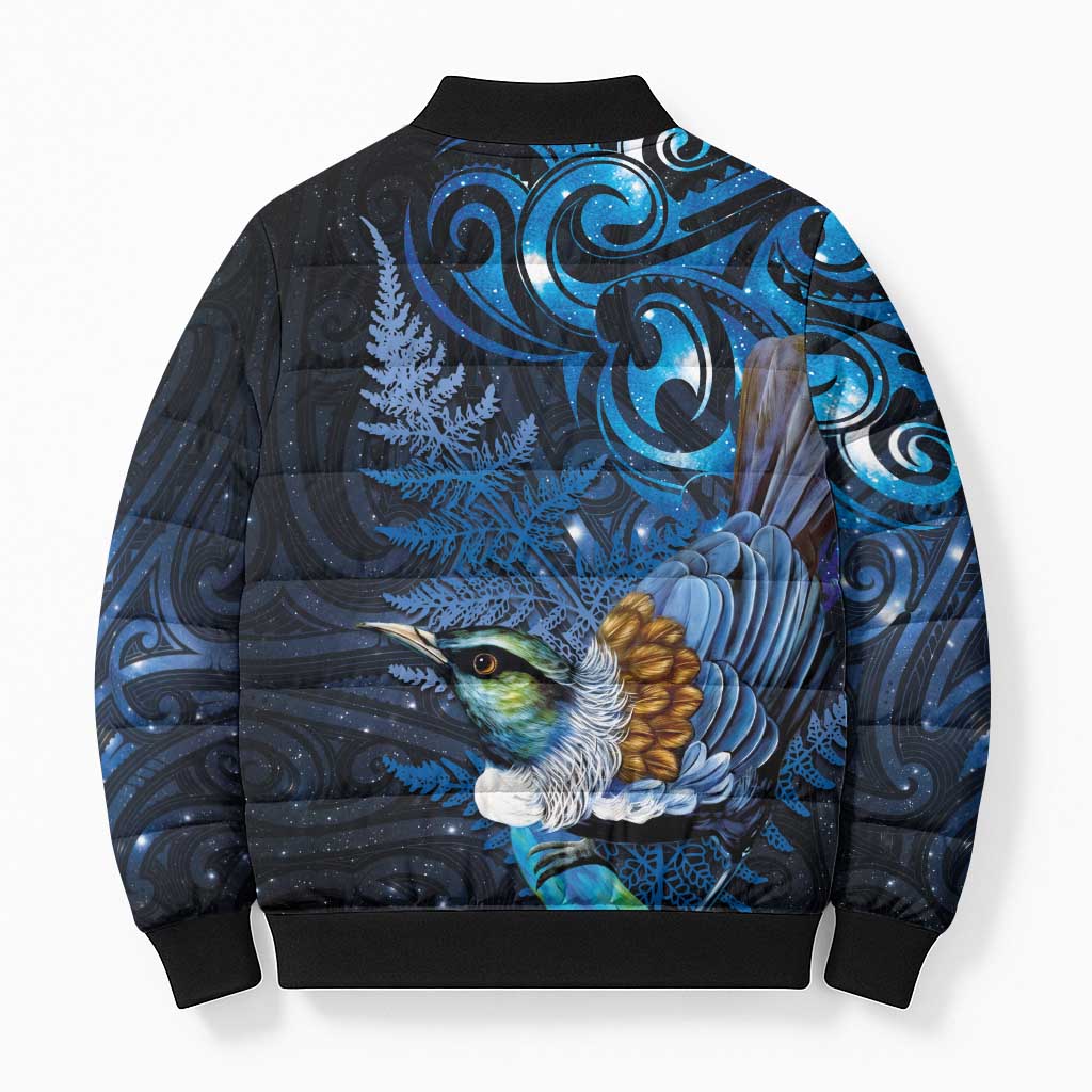 Aotearoa Matariki Bomber Puffer Jacket Maori Tribal with Silver Fern and Tui Bird Galaxy Style - Aussie Hoodie