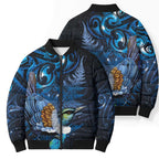 Aotearoa Matariki Bomber Puffer Jacket Maori Tribal with Silver Fern and Tui Bird Galaxy Style - Aussie Hoodie