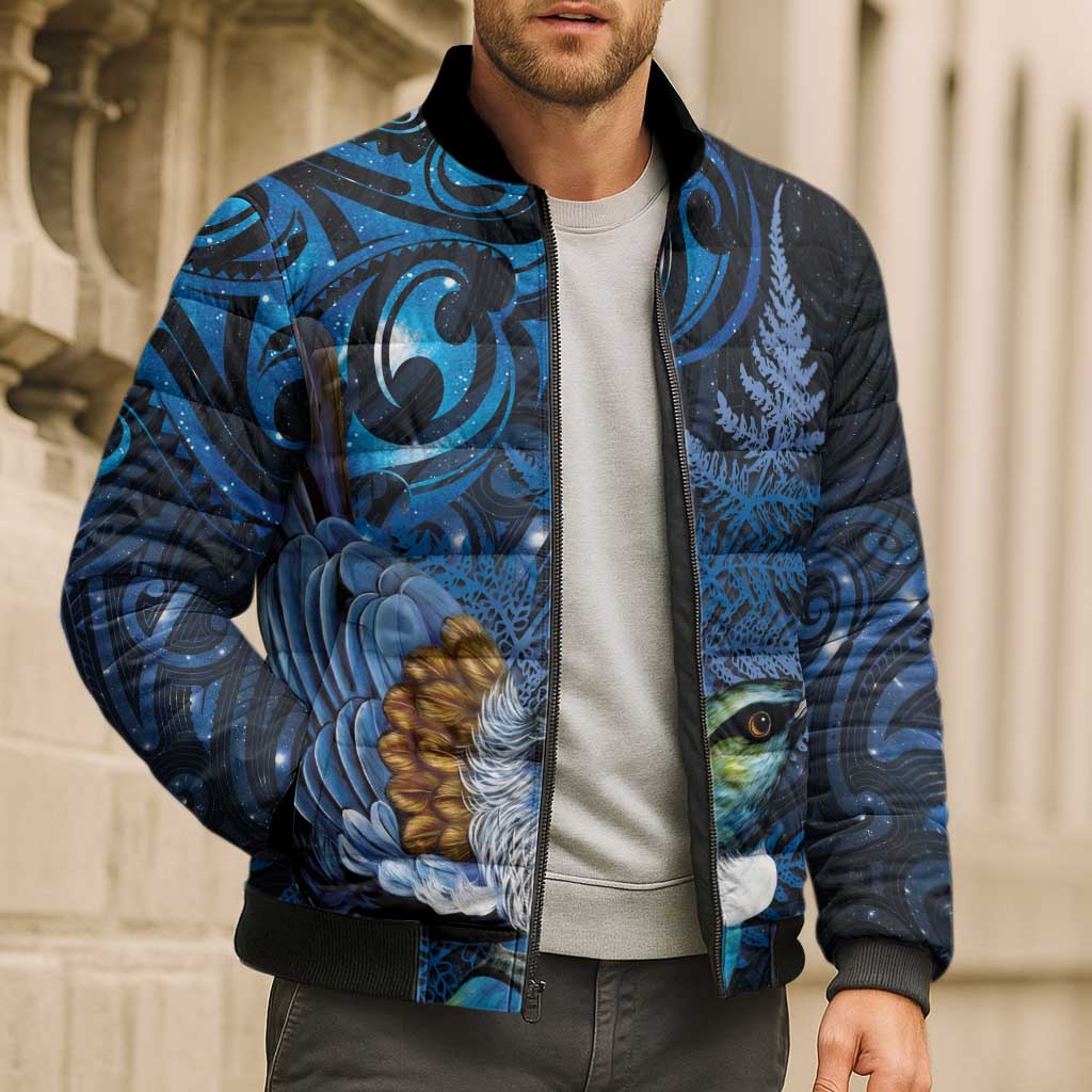 Aotearoa Matariki Bomber Puffer Jacket Maori Tribal with Silver Fern and Tui Bird Galaxy Style - Aussie Hoodie