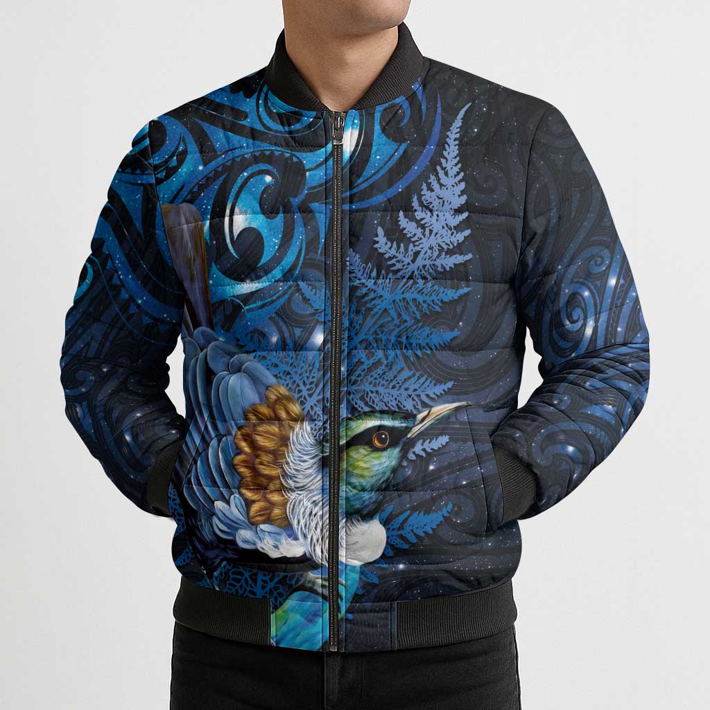 Aotearoa Matariki Bomber Puffer Jacket Maori Tribal with Silver Fern and Tui Bird Galaxy Style - Aussie Hoodie