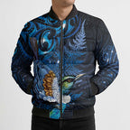 Aotearoa Matariki Bomber Puffer Jacket Maori Tribal with Silver Fern and Tui Bird Galaxy Style - Aussie Hoodie