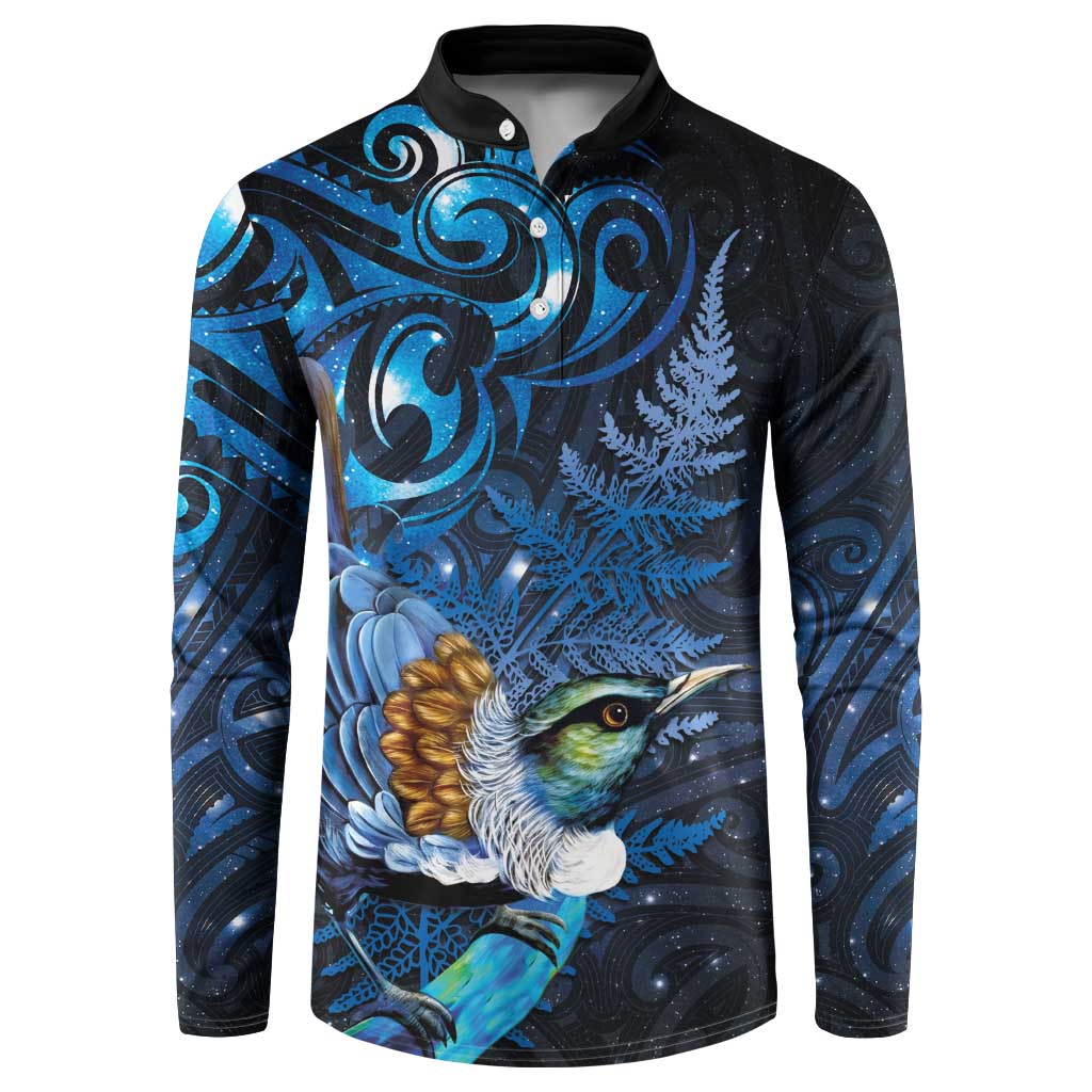 Aotearoa Matariki Button Sweatshirt Maori Tribal with Silver Fern and Tui Bird Galaxy Style - Aussie Hoodie