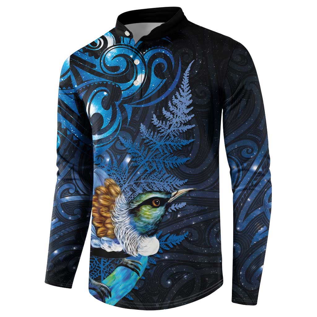 Aotearoa Matariki Button Sweatshirt Maori Tribal with Silver Fern and Tui Bird Galaxy Style - Aussie Hoodie