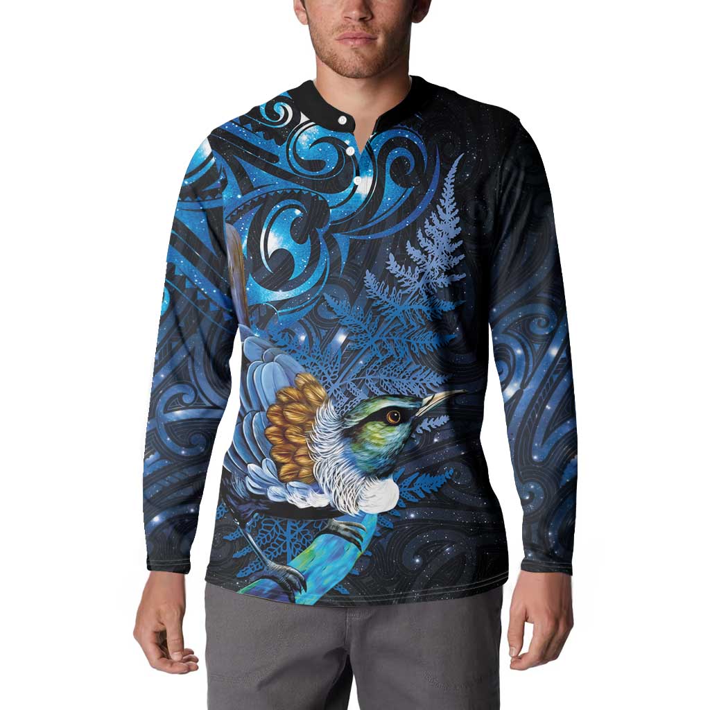 Aotearoa Matariki Button Sweatshirt Maori Tribal with Silver Fern and Tui Bird Galaxy Style - Aussie Hoodie