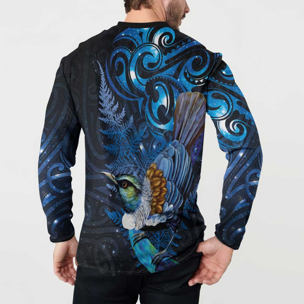 Aotearoa Matariki Button Sweatshirt Maori Tribal with Silver Fern and Tui Bird Galaxy Style - Aussie Hoodie