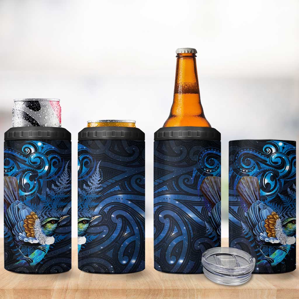 Aotearoa Matariki 4 in 1 Can Cooler Tumbler Maori Tribal with Silver Fern and Tui Bird Galaxy Style - Aussie Hoodie