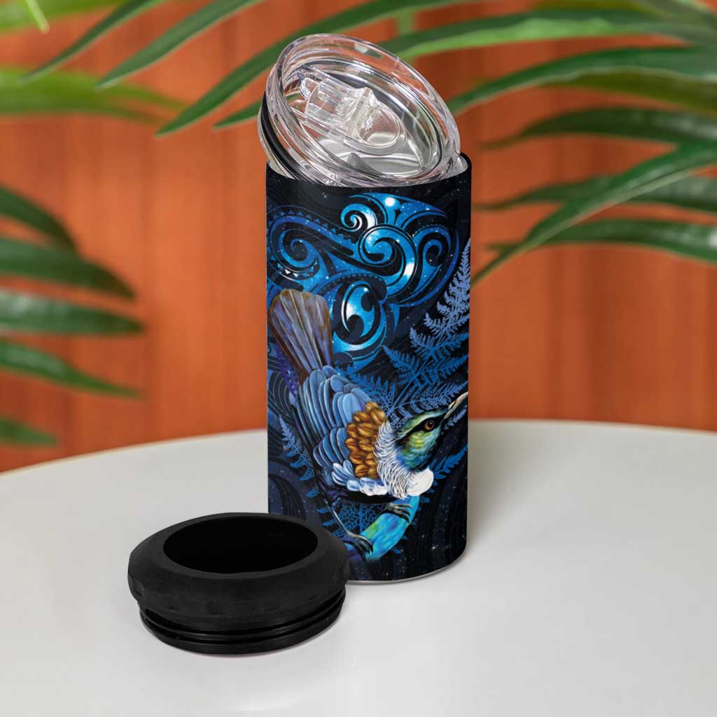 Aotearoa Matariki 4 in 1 Can Cooler Tumbler Maori Tribal with Silver Fern and Tui Bird Galaxy Style - Aussie Hoodie