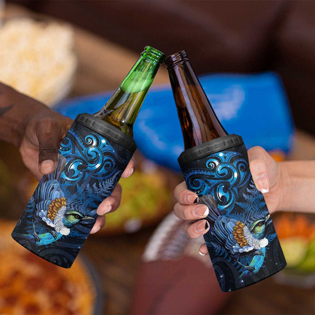 Aotearoa Matariki 4 in 1 Can Cooler Tumbler Maori Tribal with Silver Fern and Tui Bird Galaxy Style - Aussie Hoodie