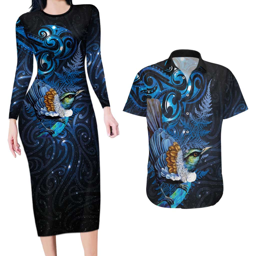 Aotearoa Matariki Couples Matching Long Sleeve Bodycon Dress and Hawaiian Shirt Maori Tribal with Silver Fern and Tui Bird Galaxy Style - Aussie Hoodie