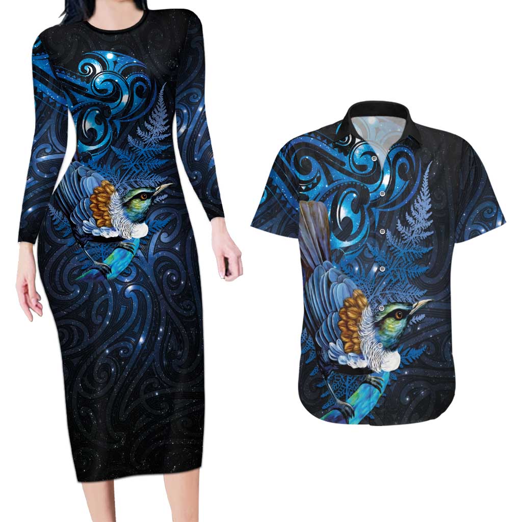 Aotearoa Matariki Couples Matching Long Sleeve Bodycon Dress and Hawaiian Shirt Maori Tribal with Silver Fern and Tui Bird Galaxy Style - Aussie Hoodie