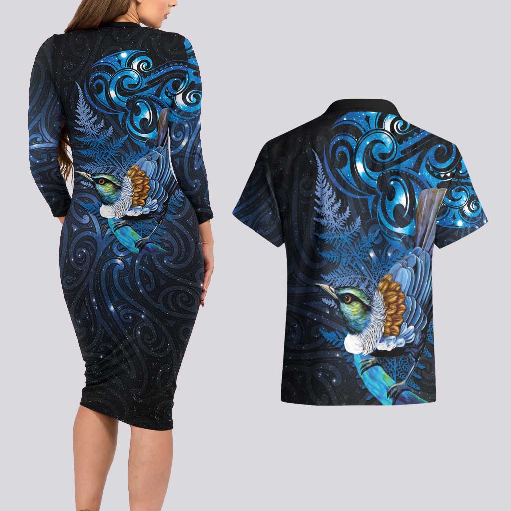 Aotearoa Matariki Couples Matching Long Sleeve Bodycon Dress and Hawaiian Shirt Maori Tribal with Silver Fern and Tui Bird Galaxy Style - Aussie Hoodie
