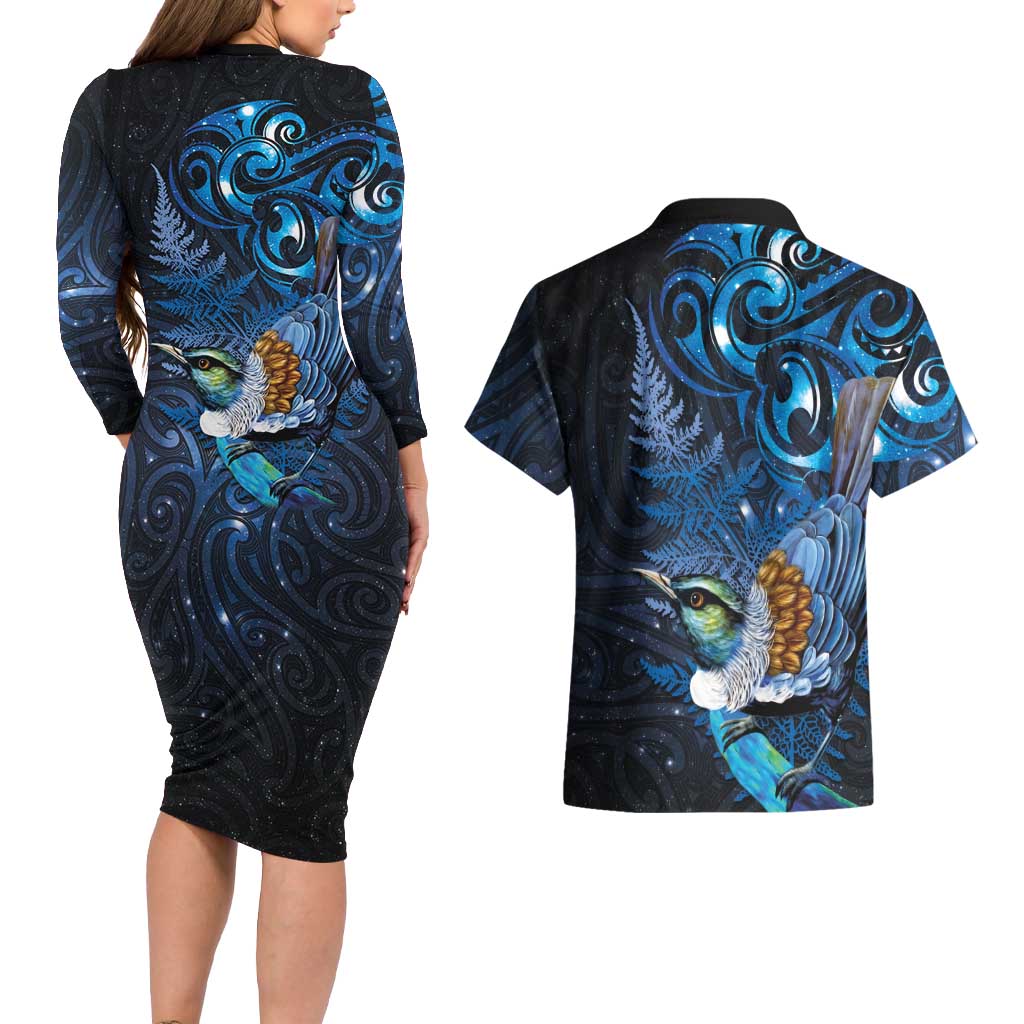 Aotearoa Matariki Couples Matching Long Sleeve Bodycon Dress and Hawaiian Shirt Maori Tribal with Silver Fern and Tui Bird Galaxy Style - Aussie Hoodie