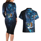 Aotearoa Matariki Couples Matching Long Sleeve Bodycon Dress and Hawaiian Shirt Maori Tribal with Silver Fern and Tui Bird Galaxy Style - Aussie Hoodie