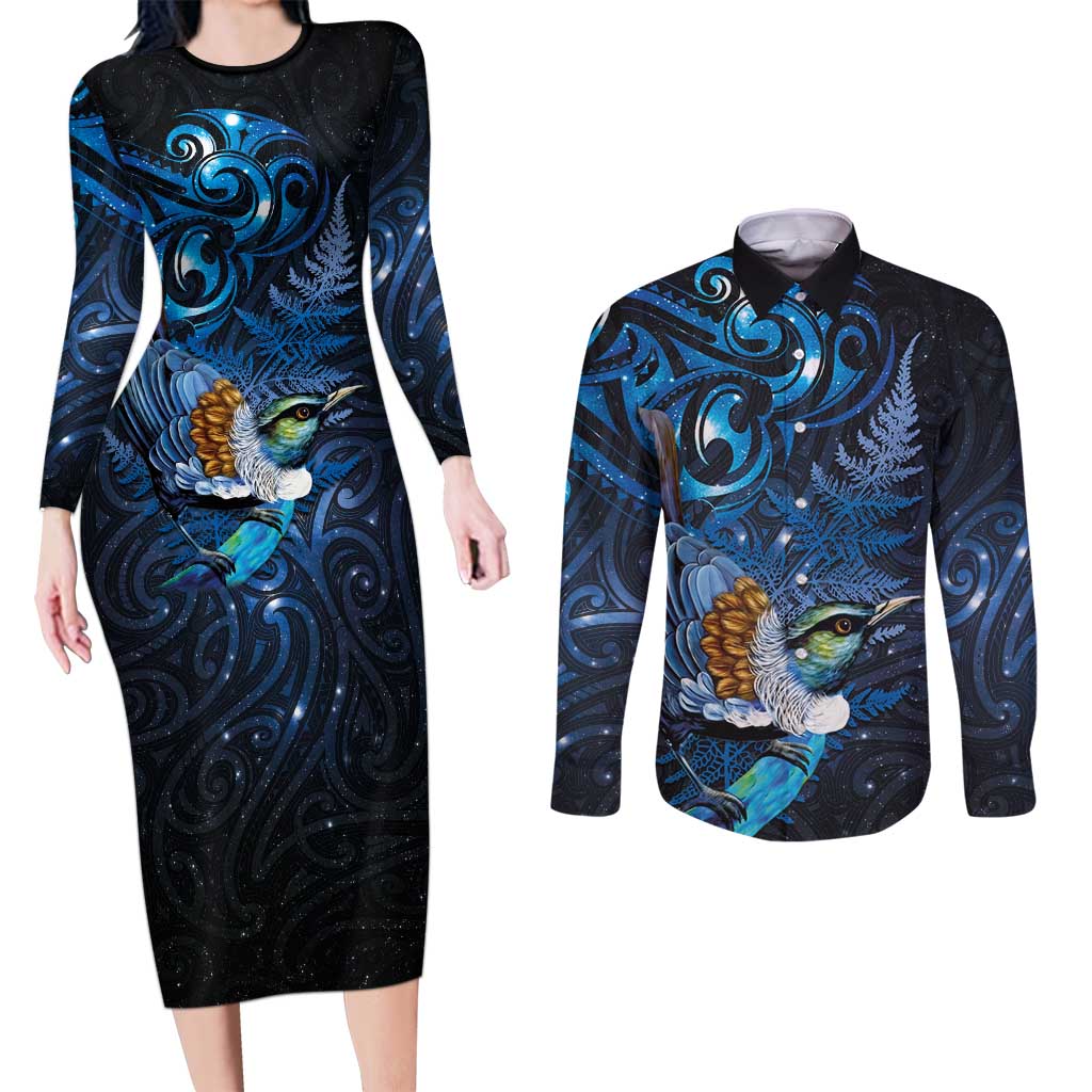 Aotearoa Matariki Couples Matching Long Sleeve Bodycon Dress and Long Sleeve Button Shirt Maori Tribal with Silver Fern and Tui Bird Galaxy Style - Aussie Hoodie