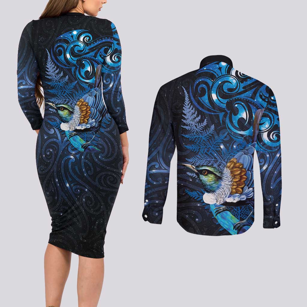 Aotearoa Matariki Couples Matching Long Sleeve Bodycon Dress and Long Sleeve Button Shirt Maori Tribal with Silver Fern and Tui Bird Galaxy Style - Aussie Hoodie