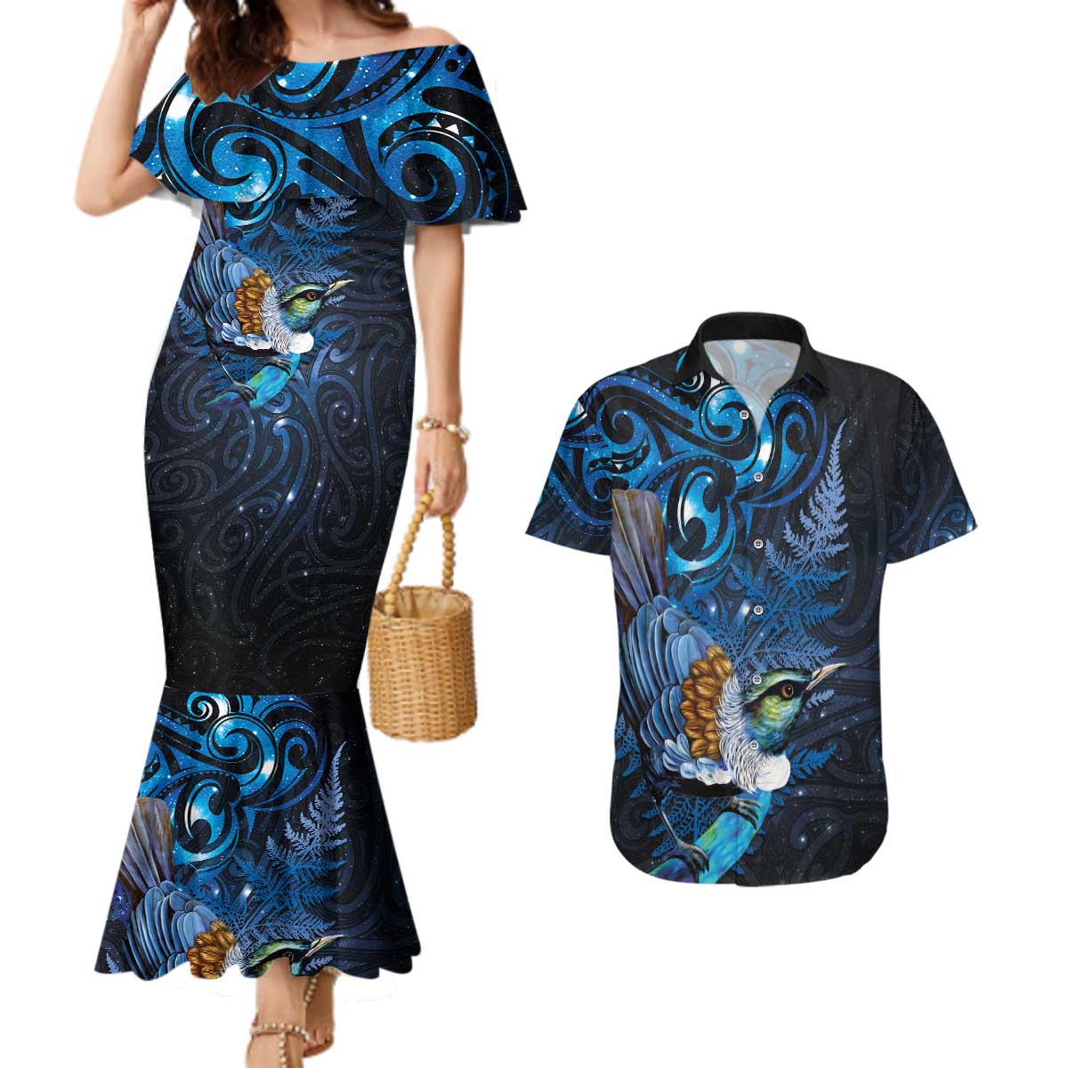 Aotearoa Matariki Couples Matching Mermaid Dress and Hawaiian Shirt Maori Tribal with Silver Fern and Tui Bird Galaxy Style - Aussie Hoodie