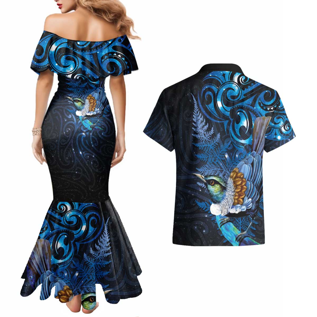 Aotearoa Matariki Couples Matching Mermaid Dress and Hawaiian Shirt Maori Tribal with Silver Fern and Tui Bird Galaxy Style - Aussie Hoodie