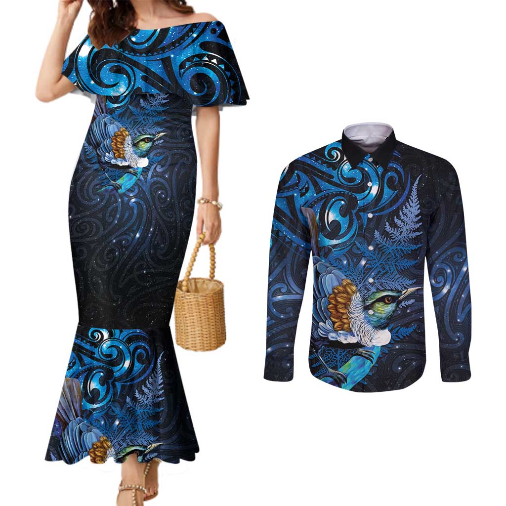 Aotearoa Matariki Couples Matching Mermaid Dress and Long Sleeve Button Shirt Maori Tribal with Silver Fern and Tui Bird Galaxy Style - Aussie Hoodie