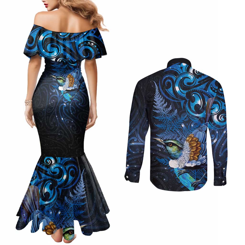 Aotearoa Matariki Couples Matching Mermaid Dress and Long Sleeve Button Shirt Maori Tribal with Silver Fern and Tui Bird Galaxy Style - Aussie Hoodie