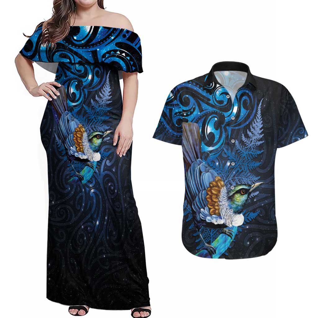 Aotearoa Matariki Couples Matching Off Shoulder Maxi Dress and Hawaiian Shirt Maori Tribal with Silver Fern and Tui Bird Galaxy Style - Aussie Hoodie