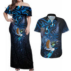 Aotearoa Matariki Couples Matching Off Shoulder Maxi Dress and Hawaiian Shirt Maori Tribal with Silver Fern and Tui Bird Galaxy Style - Aussie Hoodie