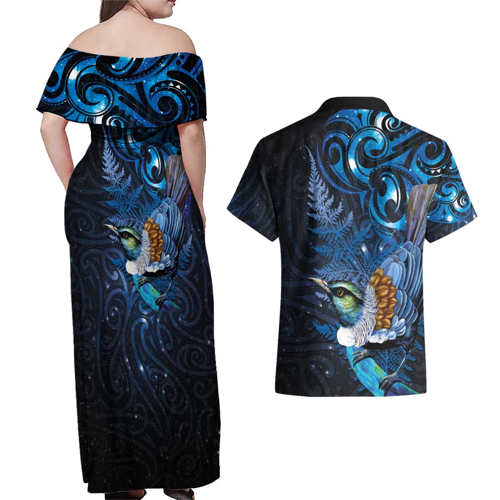 Aotearoa Matariki Couples Matching Off Shoulder Maxi Dress and Hawaiian Shirt Maori Tribal with Silver Fern and Tui Bird Galaxy Style - Aussie Hoodie