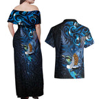 Aotearoa Matariki Couples Matching Off Shoulder Maxi Dress and Hawaiian Shirt Maori Tribal with Silver Fern and Tui Bird Galaxy Style - Aussie Hoodie