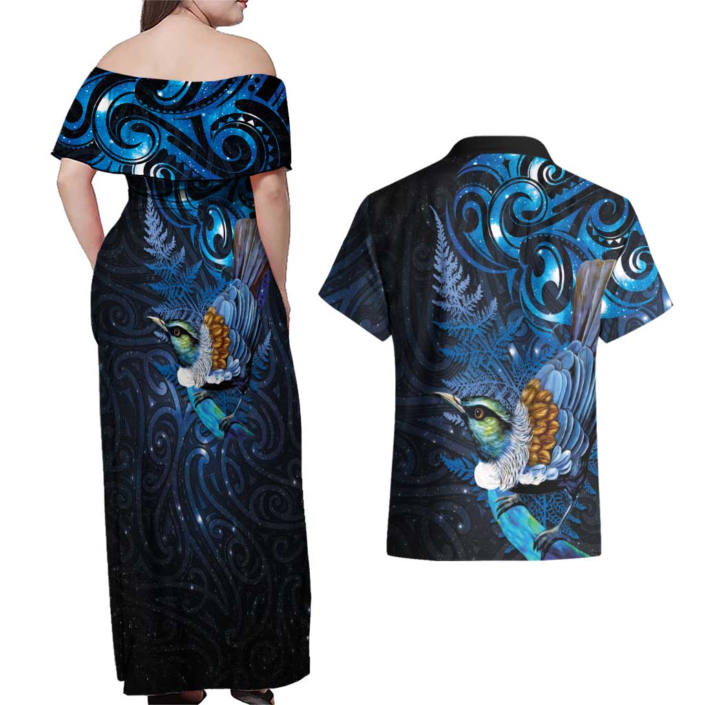 Aotearoa Matariki Couples Matching Off Shoulder Maxi Dress and Hawaiian Shirt Maori Tribal with Silver Fern and Tui Bird Galaxy Style - Aussie Hoodie