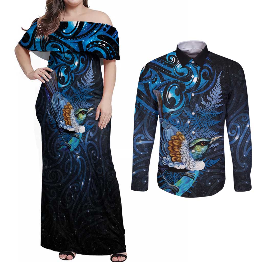Aotearoa Matariki Couples Matching Off Shoulder Maxi Dress and Long Sleeve Button Shirt Maori Tribal with Silver Fern and Tui Bird Galaxy Style - Aussie Hoodie