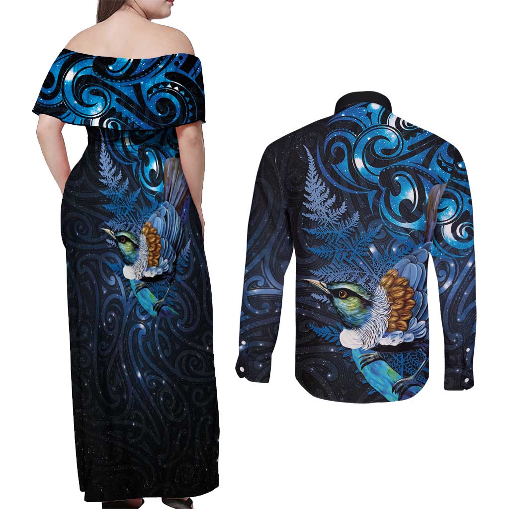 Aotearoa Matariki Couples Matching Off Shoulder Maxi Dress and Long Sleeve Button Shirt Maori Tribal with Silver Fern and Tui Bird Galaxy Style - Aussie Hoodie