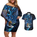 Aotearoa Matariki Couples Matching Off Shoulder Short Dress and Hawaiian Shirt Maori Tribal with Silver Fern and Tui Bird Galaxy Style - Aussie Hoodie