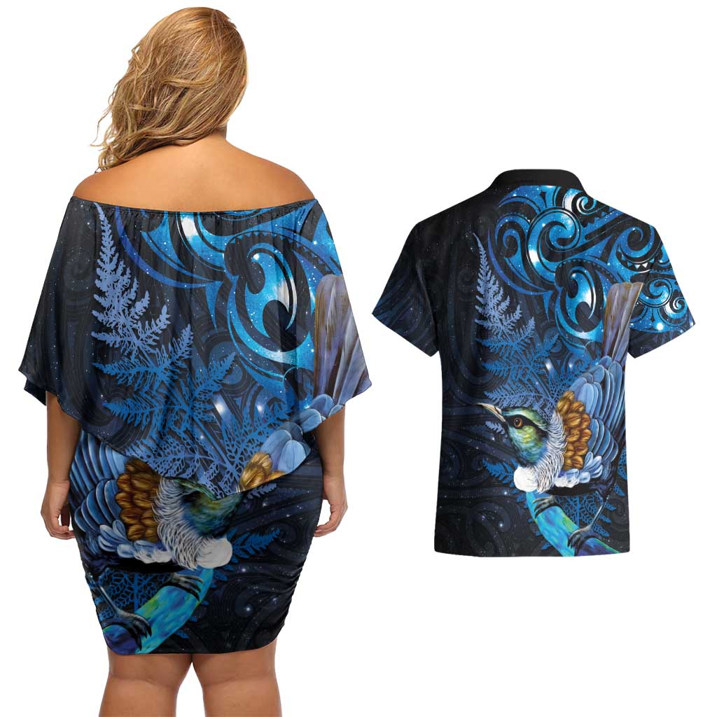Aotearoa Matariki Couples Matching Off Shoulder Short Dress and Hawaiian Shirt Maori Tribal with Silver Fern and Tui Bird Galaxy Style - Aussie Hoodie