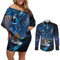 Aotearoa Matariki Couples Matching Off Shoulder Short Dress and Long Sleeve Button Shirt Maori Tribal with Silver Fern and Tui Bird Galaxy Style - Aussie Hoodie