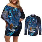 Aotearoa Matariki Couples Matching Off Shoulder Short Dress and Long Sleeve Button Shirt Maori Tribal with Silver Fern and Tui Bird Galaxy Style - Aussie Hoodie