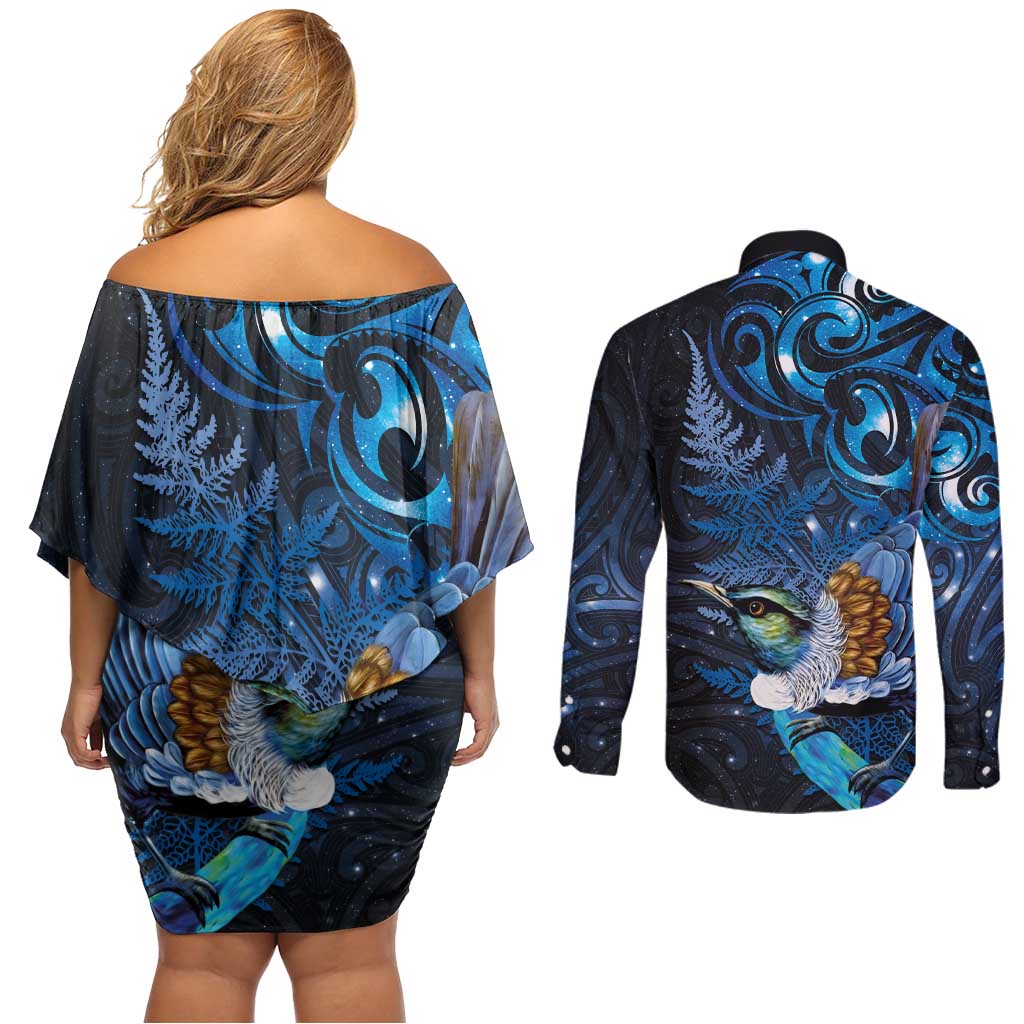 Aotearoa Matariki Couples Matching Off Shoulder Short Dress and Long Sleeve Button Shirt Maori Tribal with Silver Fern and Tui Bird Galaxy Style - Aussie Hoodie