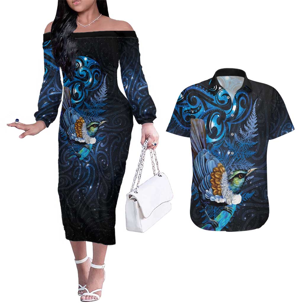 Aotearoa Matariki Couples Matching Off The Shoulder Long Sleeve Dress and Hawaiian Shirt Maori Tribal with Silver Fern and Tui Bird Galaxy Style - Aussie Hoodie