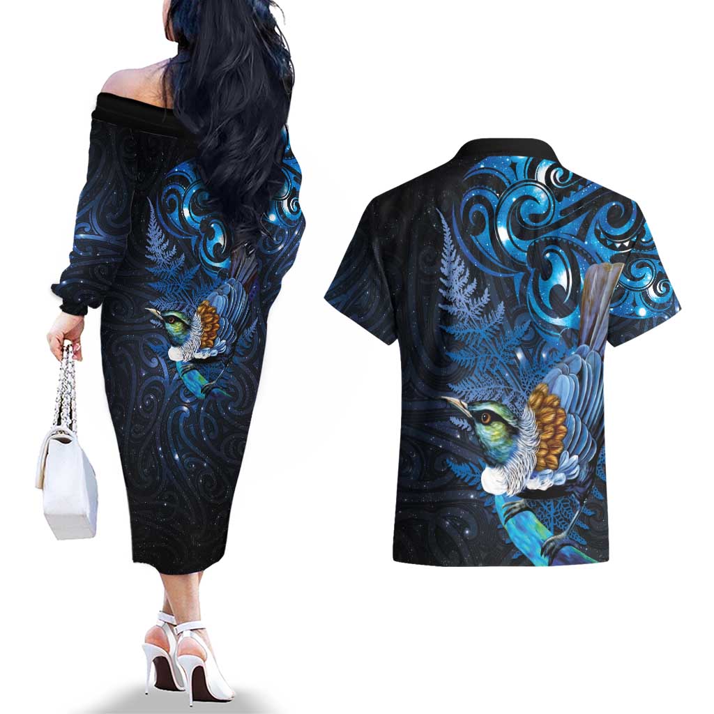 Aotearoa Matariki Couples Matching Off The Shoulder Long Sleeve Dress and Hawaiian Shirt Maori Tribal with Silver Fern and Tui Bird Galaxy Style - Aussie Hoodie