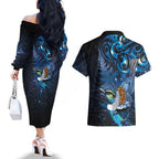 Aotearoa Matariki Couples Matching Off The Shoulder Long Sleeve Dress and Hawaiian Shirt Maori Tribal with Silver Fern and Tui Bird Galaxy Style - Aussie Hoodie