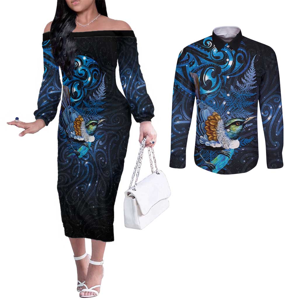 Aotearoa Matariki Couples Matching Off The Shoulder Long Sleeve Dress and Long Sleeve Button Shirt Maori Tribal with Silver Fern and Tui Bird Galaxy Style - Aussie Hoodie
