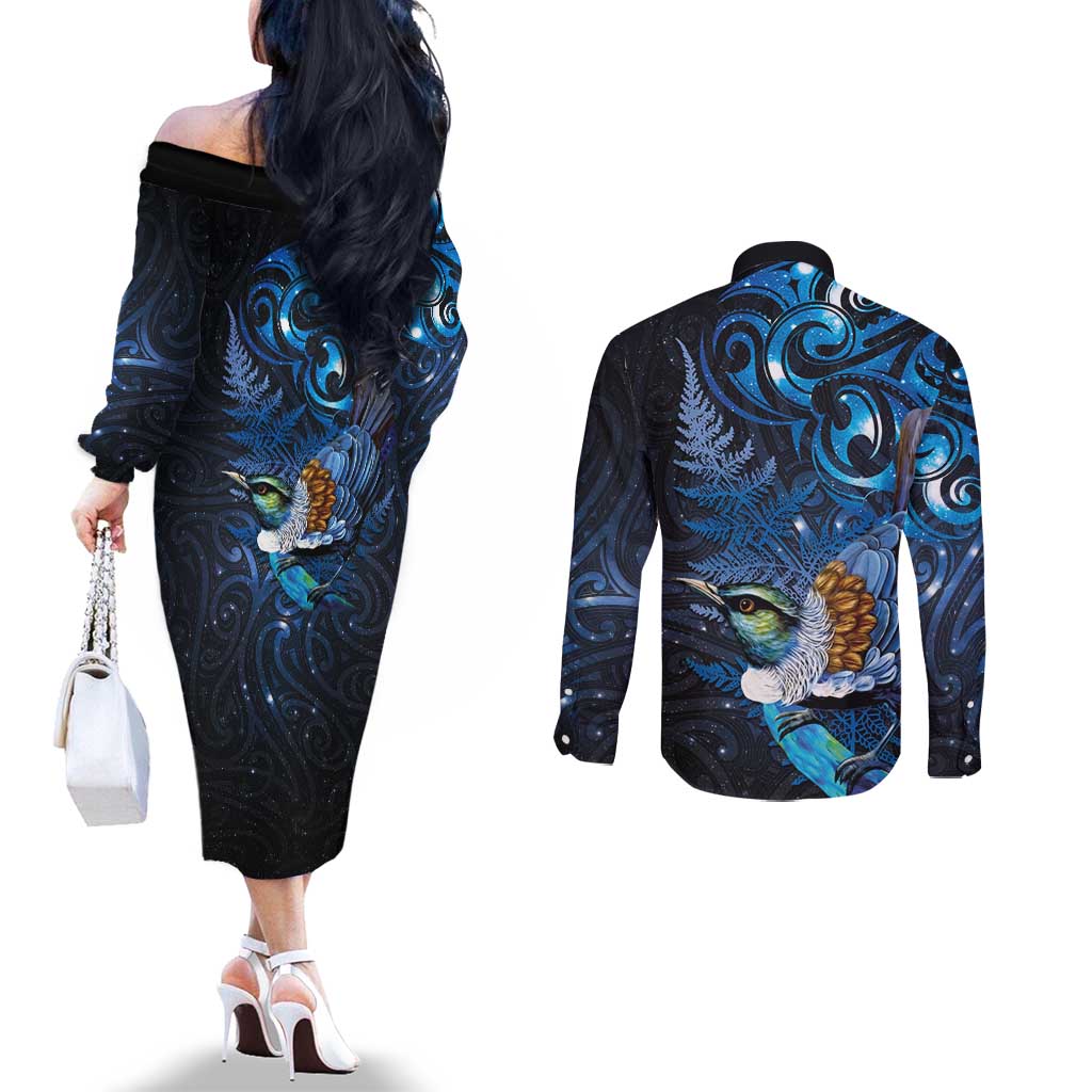 Aotearoa Matariki Couples Matching Off The Shoulder Long Sleeve Dress and Long Sleeve Button Shirt Maori Tribal with Silver Fern and Tui Bird Galaxy Style - Aussie Hoodie