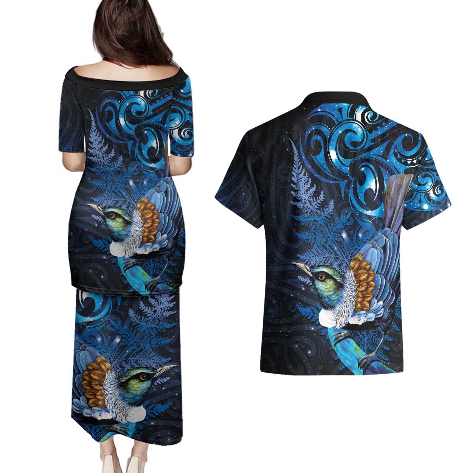 Aotearoa Matariki Couples Matching Puletasi and Hawaiian Shirt Maori Tribal with Silver Fern and Tui Bird Galaxy Style - Aussie Hoodie