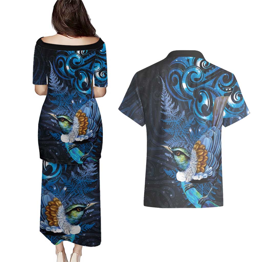Aotearoa Matariki Couples Matching Puletasi and Hawaiian Shirt Maori Tribal with Silver Fern and Tui Bird Galaxy Style - Aussie Hoodie