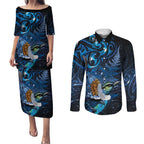 Aotearoa Matariki Couples Matching Puletasi and Long Sleeve Button Shirt Maori Tribal with Silver Fern and Tui Bird Galaxy Style - Aussie Hoodie