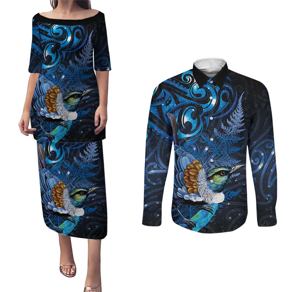 Aotearoa Matariki Couples Matching Puletasi and Long Sleeve Button Shirt Maori Tribal with Silver Fern and Tui Bird Galaxy Style - Aussie Hoodie