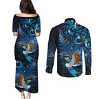 Aotearoa Matariki Couples Matching Puletasi and Long Sleeve Button Shirt Maori Tribal with Silver Fern and Tui Bird Galaxy Style - Aussie Hoodie