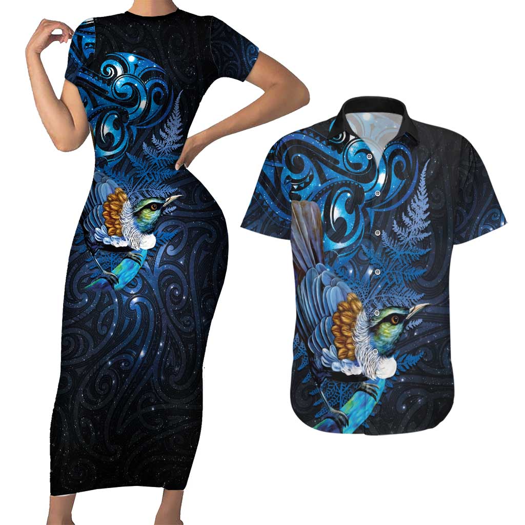 Aotearoa Matariki Couples Matching Short Sleeve Bodycon Dress and Hawaiian Shirt Maori Tribal with Silver Fern and Tui Bird Galaxy Style - Aussie Hoodie
